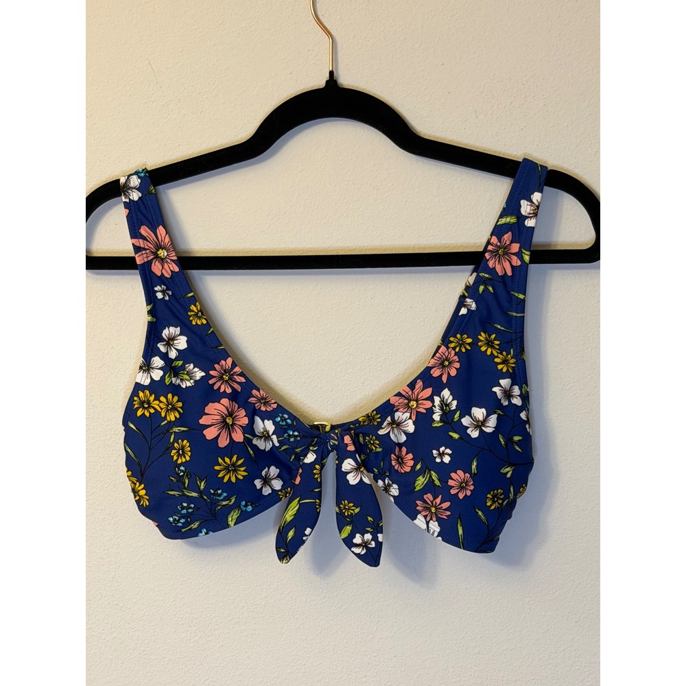 Hot Water Blue Floral Tie Front Bikini Top Gold Clasp Adjustable Straps Womens L